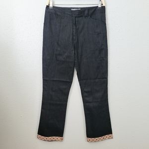 Anna Huling Textured Silk Black Straight Leg Embroidered Ankle Pants Size Medium